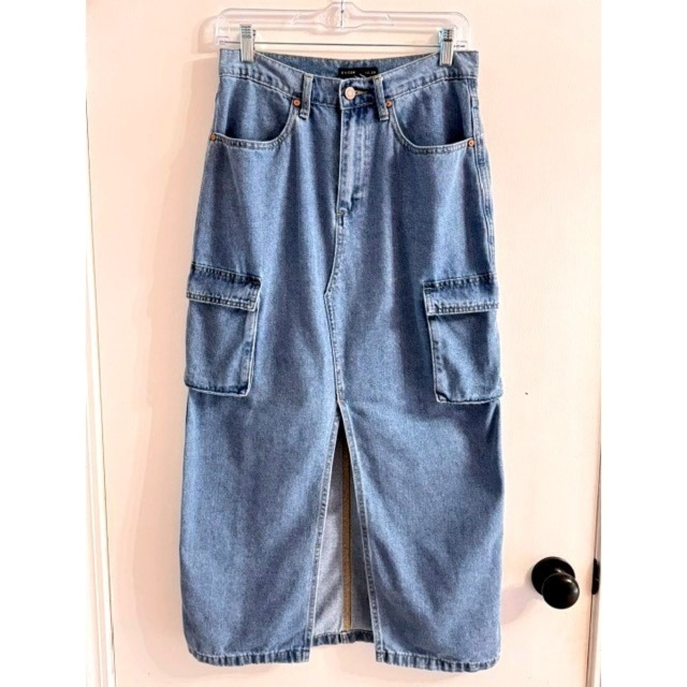 Sincerely Jules Rugged Denim Cargo Boho Maxi Skirt Blue Medium Wash Size 5/26